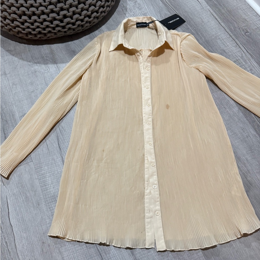 Beige Long Sleeve Oversized Pleated Dress
